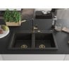 Mexen Hektor Granitspüle 2-Kammer 800 x 480 mm, Schwarz/Gold Metallic, Goldener Siphon - 6521802000-75-G