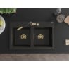 Mexen Hektor Granitspüle 2-Kammer 800 x 480 mm, Schwarz/Gold Metallic, Goldener Siphon - 6521802000-75-G