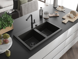 Mexen Hektor Granitspüle 2-Kammern 800 x 480 mm, Schwarz/Gold Metallic, Schwarzer Siphon - 6521802000-75-B