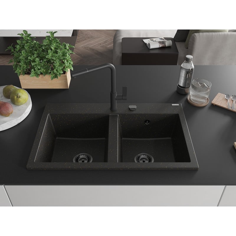 Mexen Hektor Granitspüle 2-Kammern 800 x 480 mm, Schwarz/Gold Metallic, Schwarzer Siphon - 6521802000-75-B