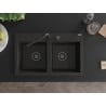 Mexen Hektor Granitspüle 2-Kammern 800 x 480 mm, Schwarz/Gold Metallic, Schwarzer Siphon - 6521802000-75-B