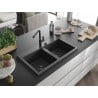 Mexen Hektor Granitspüle 2-beckig 800 x 480 mm, schwarz gesprenkelt, schwarzer Siphon - 6521802000-76-B