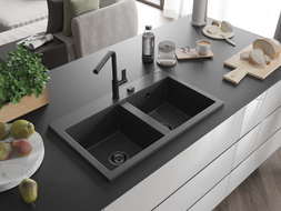 Mexen Hektor Granitspüle 2-beckig 800 x 480 mm, schwarz gesprenkelt, schwarzer Siphon - 6521802000-76-B