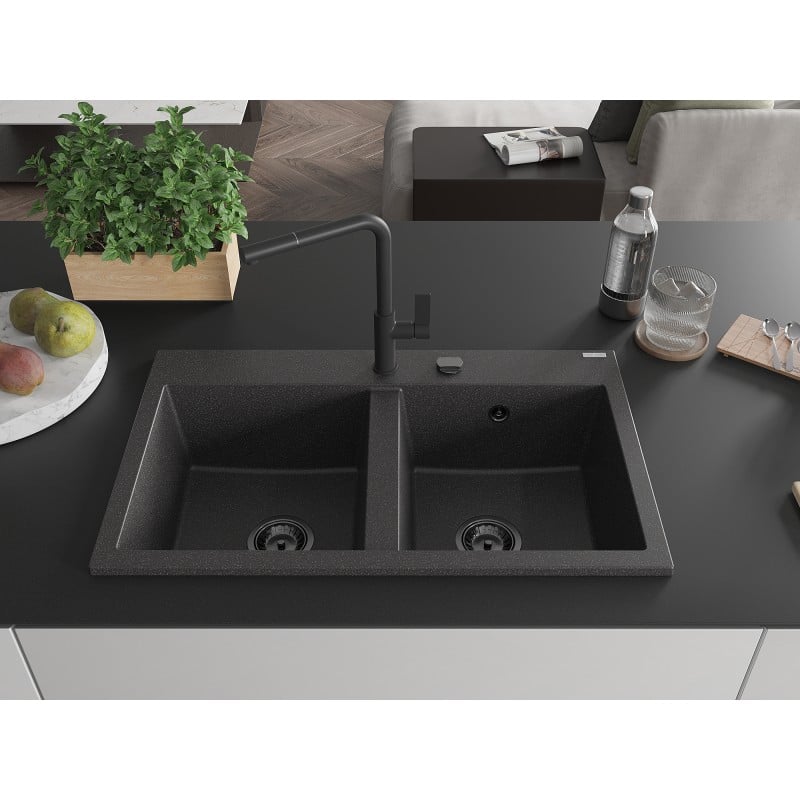 Mexen Hektor Granitspüle 2-beckig 800 x 480 mm, schwarz gesprenkelt, schwarzer Siphon - 6521802000-76-B