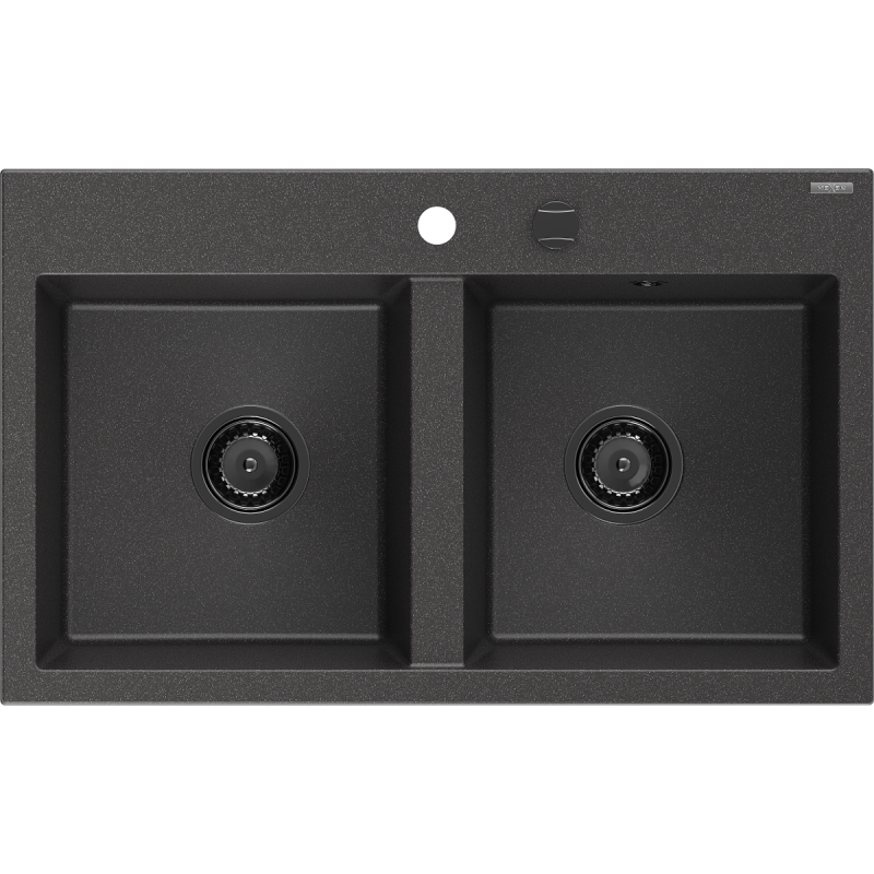 Mexen Hektor Granitspüle 2-beckig 800 x 480 mm, schwarz gesprenkelt, schwarzer Siphon - 6521802000-76-B