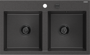 Mexen Hektor Granitspüle 2-beckig 800 x 480 mm, schwarz gesprenkelt, schwarzer Siphon - 6521802000-76-B