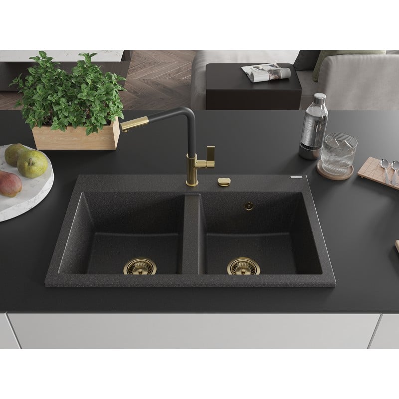 Mexen Hektor Granitspüle mit 2 Becken 800 x 480 mm, schwarz gesprenkelt, goldener Siphon - 6521802000-76-G