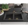 Mexen Hektor Granitspüle mit 2 Becken 800 x 480 mm, schwarz gesprenkelt, goldener Siphon - 6521802000-76-G