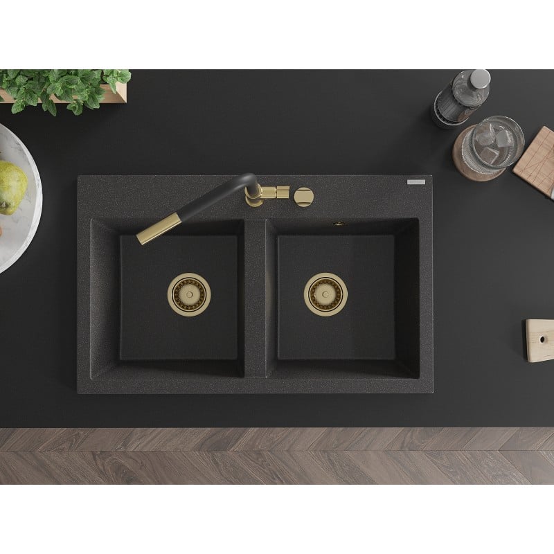 Mexen Hektor Granitspüle mit 2 Becken 800 x 480 mm, schwarz gesprenkelt, goldener Siphon - 6521802000-76-G