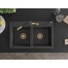 Mexen Hektor Granitspüle mit 2 Becken 800 x 480 mm, schwarz gesprenkelt, goldener Siphon - 6521802000-76-G