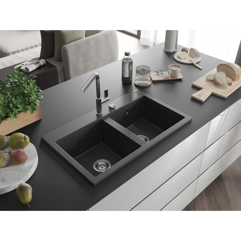 Mexen Hektor Granitspüle 2-becken 800 x 480 mm, schwarz gesprenkelt, Chrom-Siphon - 6521802000-76