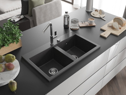 Mexen Hektor Granitspüle 2-becken 800 x 480 mm, schwarz gesprenkelt, Chrom-Siphon - 6521802000-76