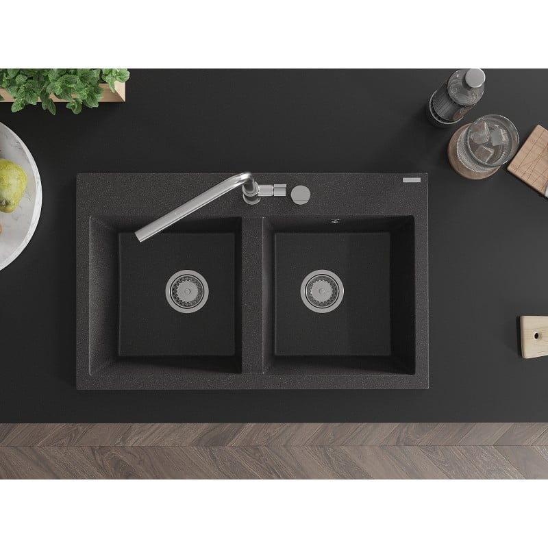 Mexen Hektor Granitspüle 2-becken 800 x 480 mm, schwarz gesprenkelt, Chrom-Siphon - 6521802000-76