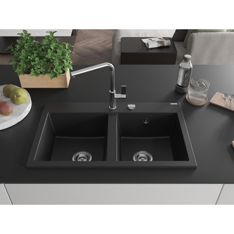 Mexen Hektor Granitspüle 2-Becken 800 x 480 mm, schwarz, Siphon Chrom - 6521802000-77