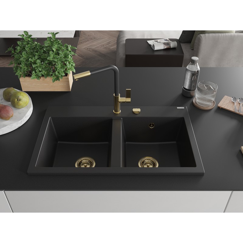 Mexen Hektor Granitspüle 2-Kammer 800 x 480 mm, schwarz, goldener Siphon - 6521802000-77-G