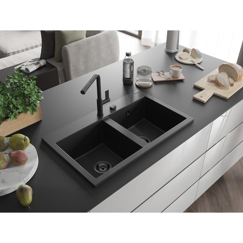 Mexen Hektor 2-Kammer Granitspüle 800 x 480 mm, schwarz, schwarzer Siphon - 6521802000-77-B