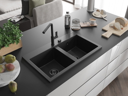 Mexen Hektor 2-Kammer Granitspüle 800 x 480 mm, schwarz, schwarzer Siphon - 6521802000-77-B