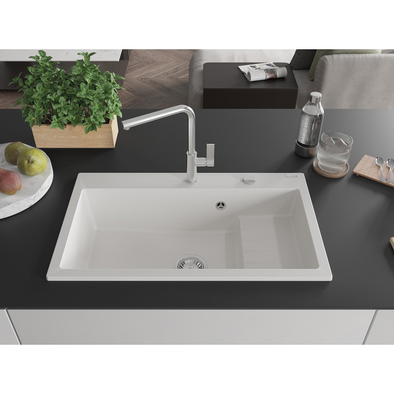 Mexen Omar Granitspüle 1-beckig 800 x 480 mm, weiß, Chrom-Siphon - 6520801005-20