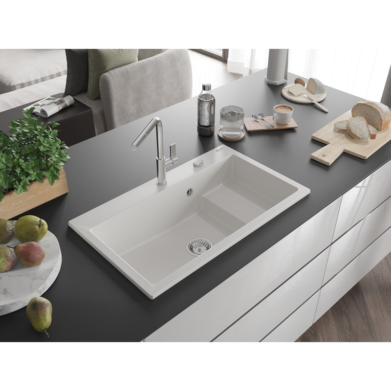 Mexen Omar Granitspüle 1-beckig 800 x 480 mm, weiß, Chrom-Siphon - 6520801005-20