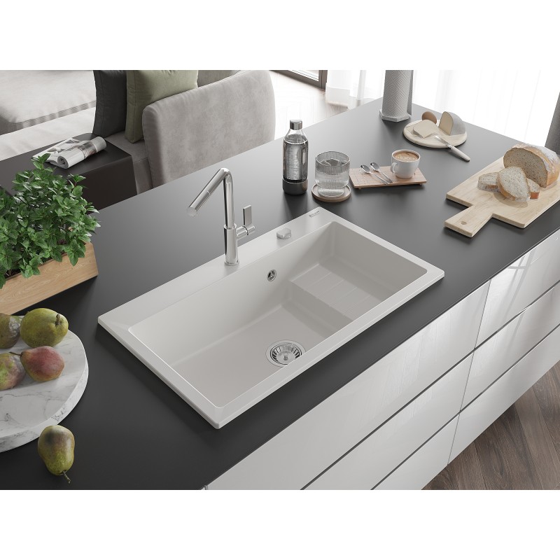 Mexen Omar Granitspüle 1,5 Becken 800 x 480 mm, weiß, Syphon Chrom - 6520801005-20