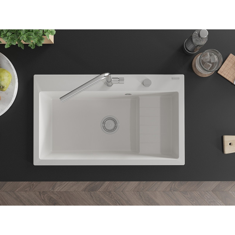Mexen Omar Granitspüle 1-beckig 800 x 480 mm, weiß, Chrom-Siphon - 6520801005-20