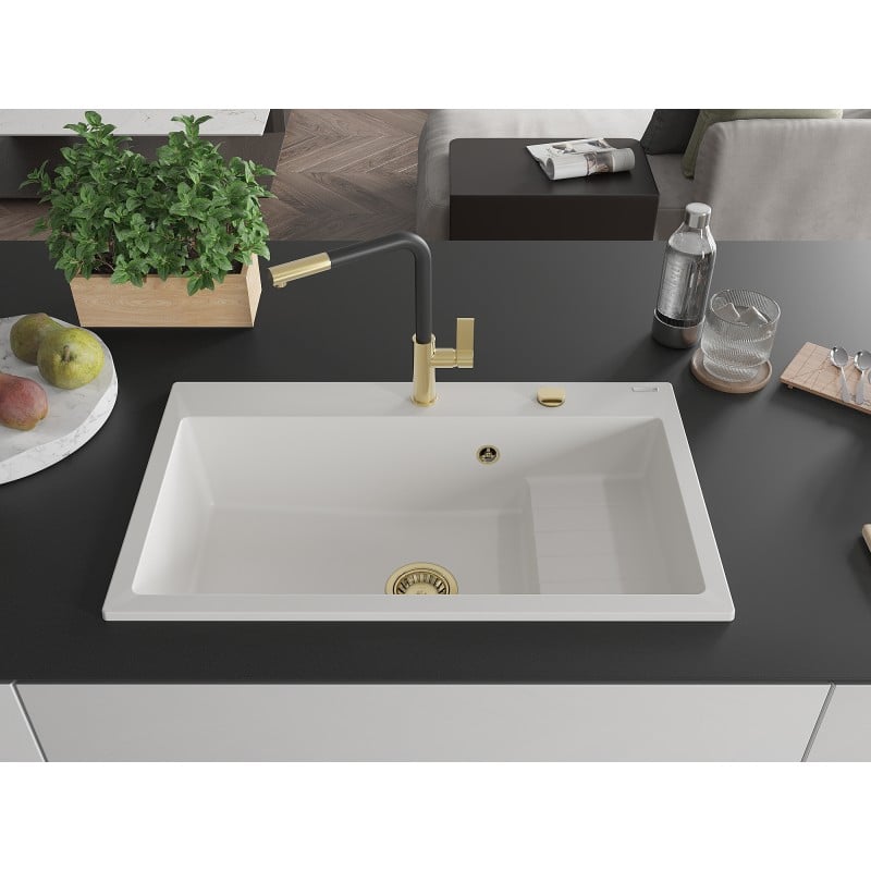 Mexen Omar Granitspüle 1-Becken 800 x 480 mm, weiß, Siphon gold - 6520801005-20-G