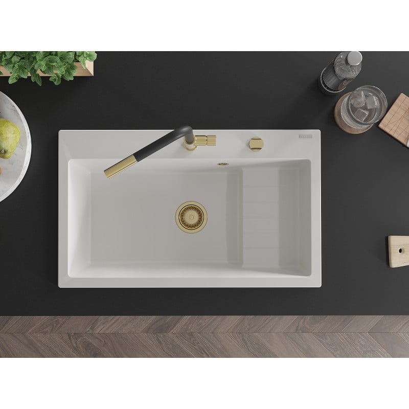 Mexen Omar Granitspüle 1-Becken 800 x 480 mm, weiß, Siphon gold - 6520801005-20-G