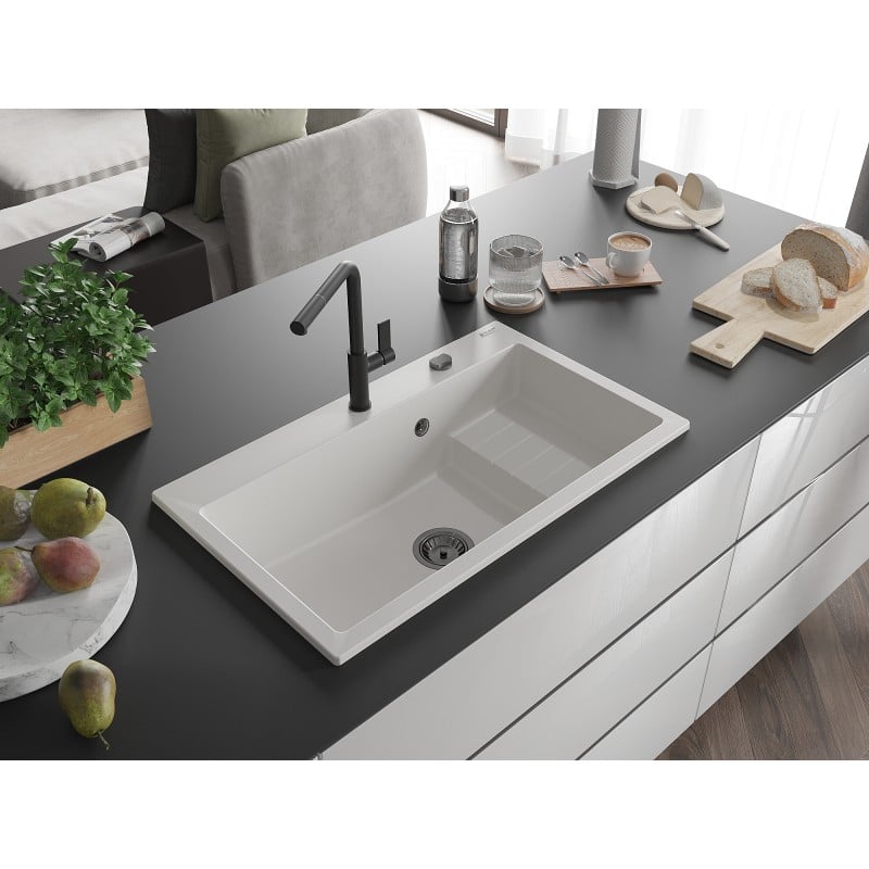 Mexen Omar Granitspüle 1-Becken 800 x 480 mm, weiß, schwarzer Siphon - 6520801005-20-B