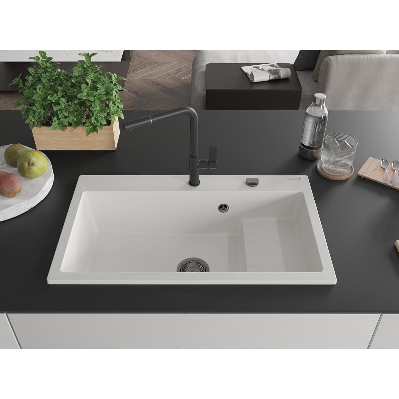 Mexen Omar Granitspüle 1-Becken 800 x 480 mm, weiß, schwarzer Siphon - 6520801005-20-B