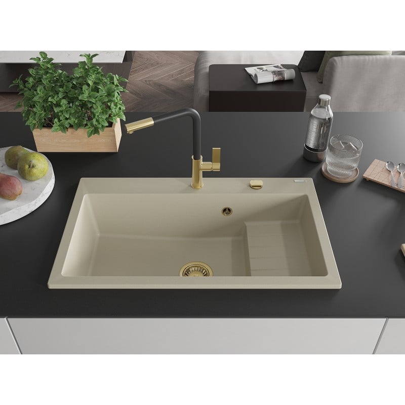 Mexen Omar Granitspüle 1-Becken 800 x 480 mm, beige, goldener Siphon - 6520801005-69-G