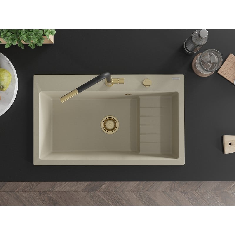 Mexen Omar Granitspüle 1-Becken 800 x 480 mm, beige, goldener Siphon - 6520801005-69-G