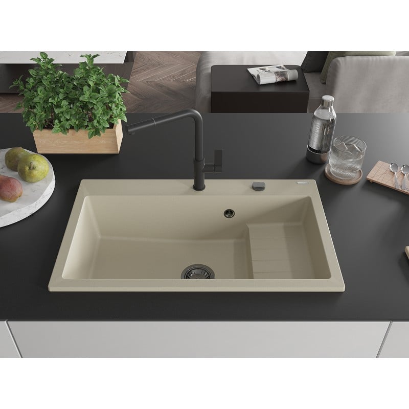 Mexen Omar Granitspüle 1-Becken 800 x 480 mm, beige, schwarzer Siphon - 6520801005-69-B