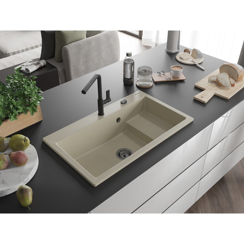 Mexen Omar Granitspüle 1-Becken 800 x 480 mm, beige, schwarzer Siphon - 6520801005-69-B