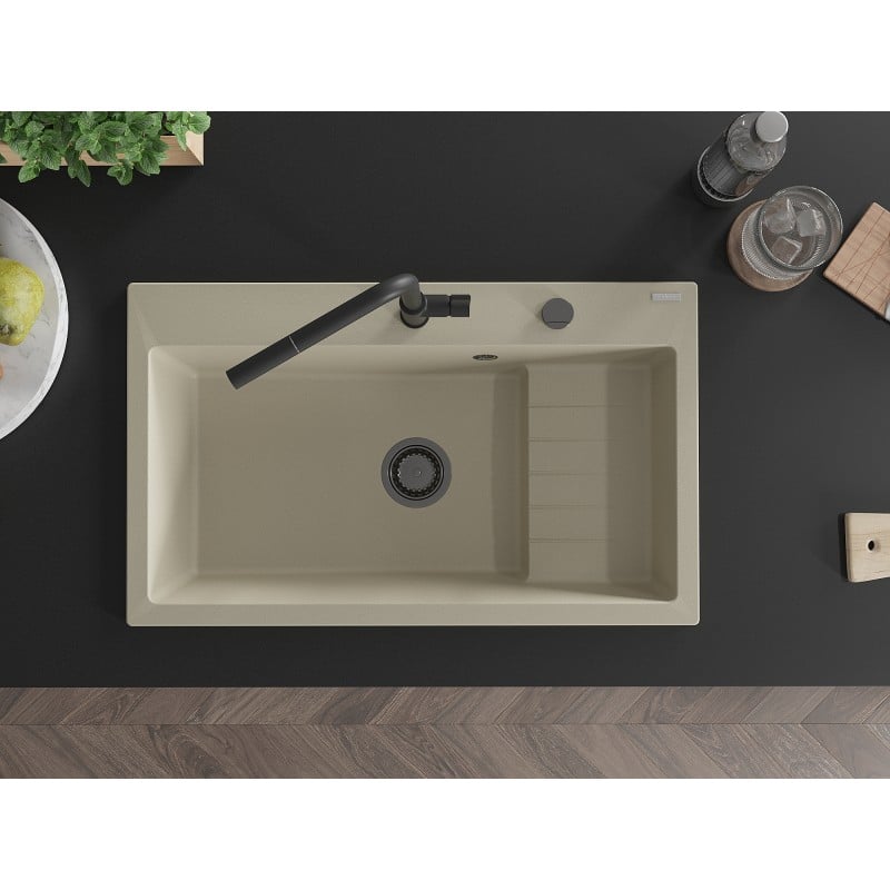 Mexen Omar Granitspüle 1-Becken 800 x 480 mm, beige, schwarzer Siphon - 6520801005-69-B