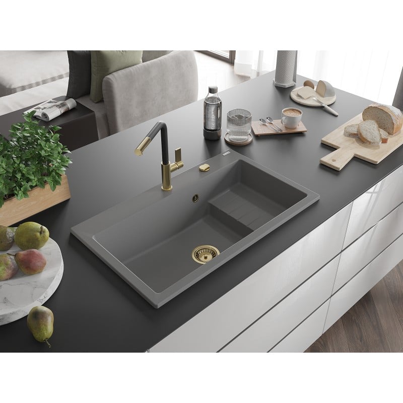 Mexen Omar Granitspüle 1-Becken 800 x 480 mm, grau, Siphon gold - 6520801005-71-G