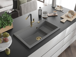 Mexen Omar Granitspüle 1-Becken 800 x 480 mm, grau, Siphon gold - 6520801005-71-G