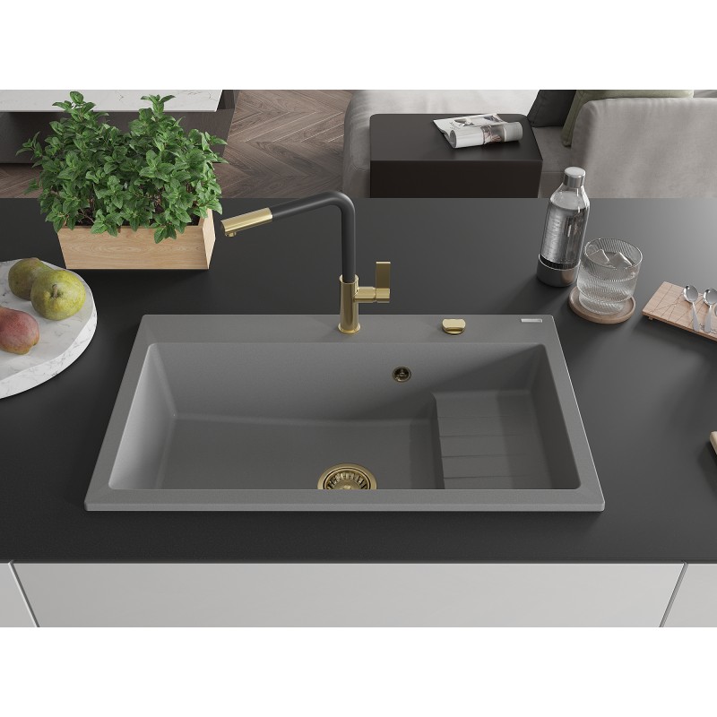 Mexen Omar Granitspüle 1-Becken 800 x 480 mm, grau, Siphon gold - 6520801005-71-G