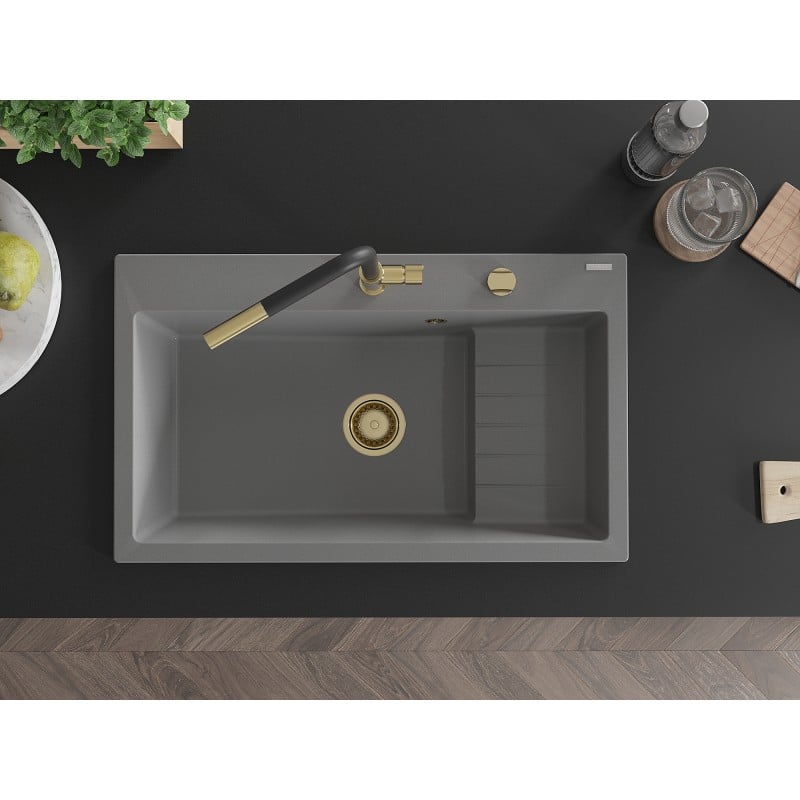 Mexen Omar Granitspüle 1-Becken 800 x 480 mm, grau, Siphon gold - 6520801005-71-G