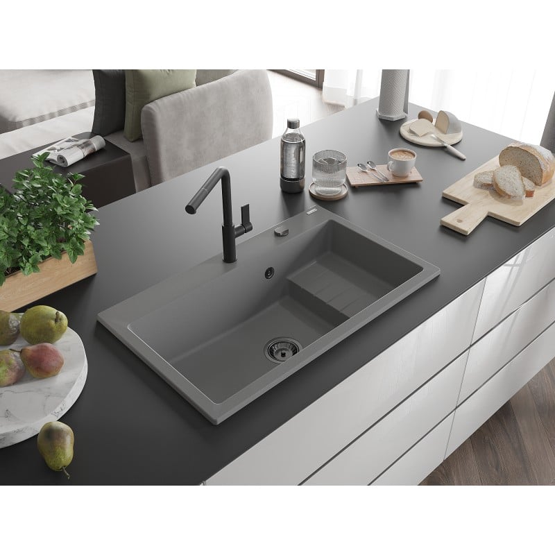 Mexen Omar Granitspüle, 1-Becken, 800 x 480 mm, grau, schwarzer Siphon - 6520801005-71-B
