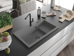 Mexen Omar Granitspüle, 1-Becken, 800 x 480 mm, grau, schwarzer Siphon - 6520801005-71-B