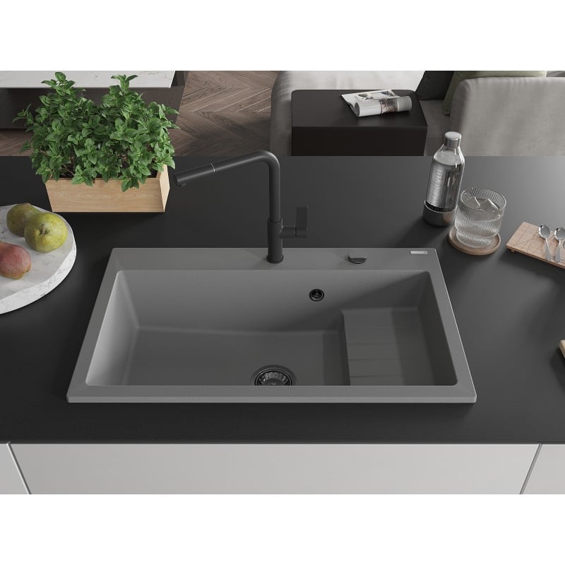 Mexen Omar Granitspüle, 1-Becken, 800 x 480 mm, grau, schwarzer Siphon - 6520801005-71-B