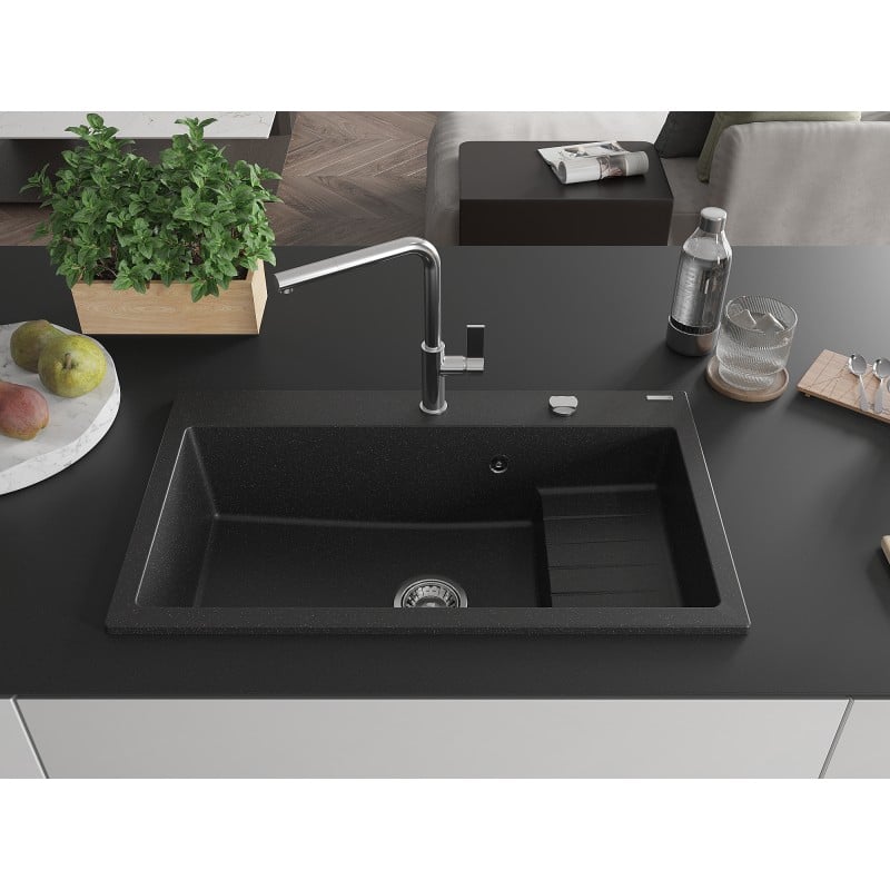 Mexen Omar Granitspüle 1-beckig 800 x 480 mm, schwarz/silber metallic, Siphon Chrom - 6520801005-73
