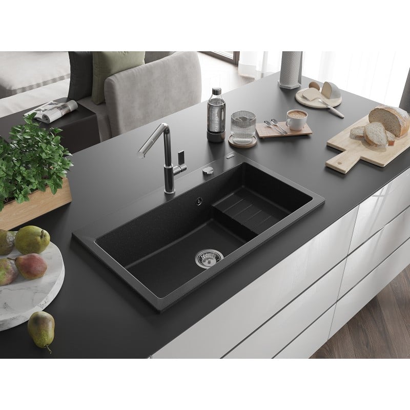 Mexen Omar Granitspüle 1-beckig 800 x 480 mm, schwarz/silber metallic, Siphon Chrom - 6520801005-73