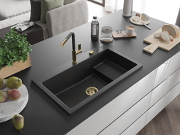 Mexen Omar Granitspüle 1-Kammer 800 x 480 mm, schwarz/silber metallic, goldener Siphon - 6520801005-73-G