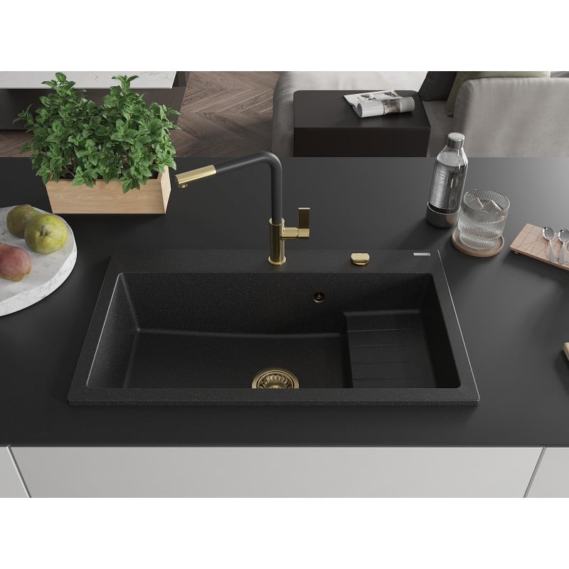 Mexen Omar Granitspüle 1-Kammer 800 x 480 mm, schwarz/silber metallic, goldener Siphon - 6520801005-73-G