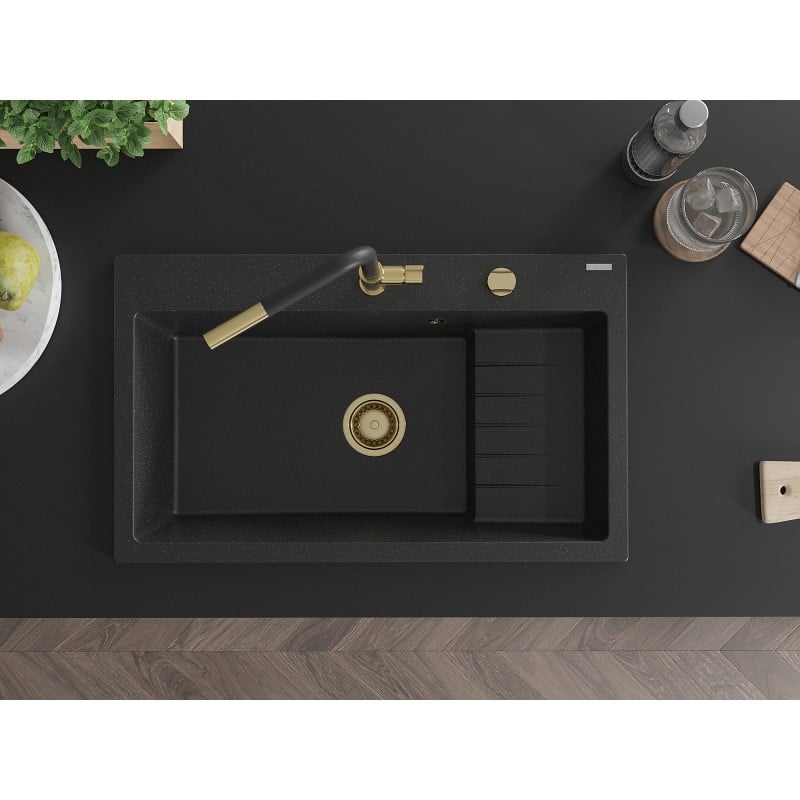 Mexen Omar Granitspüle 1-Kammer 800 x 480 mm, schwarz/silber metallic, goldener Siphon - 6520801005-73-G