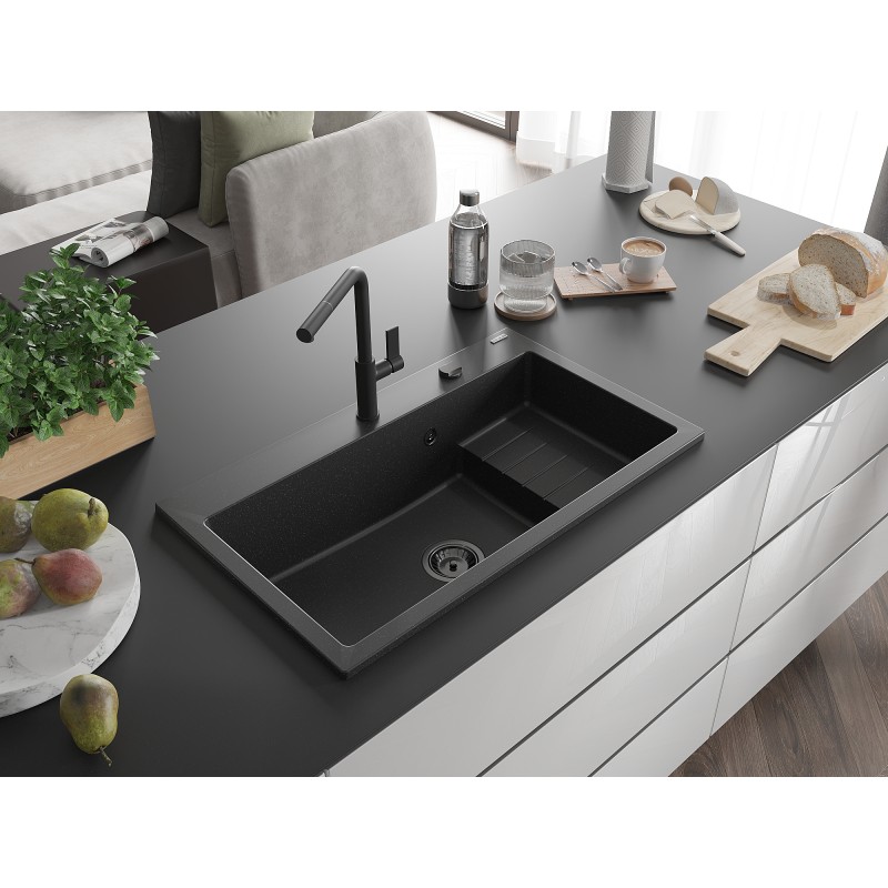 Mexen Omar Granitspüle 1-becken 800 x 480 mm, schwarz/silber metallic, schwarzer Siphon - 6520801005-73-B