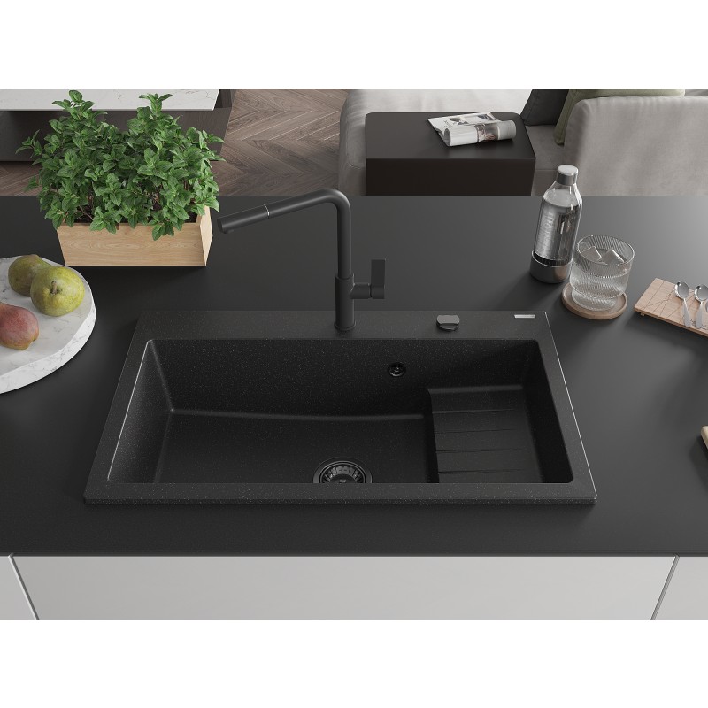Mexen Omar Granitspüle 1-becken 800 x 480 mm, schwarz/silber metallic, schwarzer Siphon - 6520801005-73-B