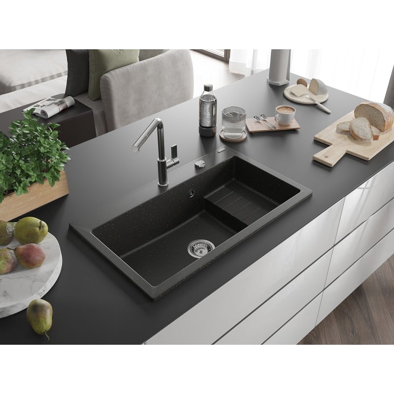 Mexen Omar Granitspüle 1-beckig 800 x 480 mm, schwarz/goldener Metallic, Chrom-Siphon - 6520801005-75
