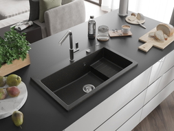 Mexen Omar Granitspüle 1-beckig 800 x 480 mm, schwarz/goldener Metallic, Chrom-Siphon - 6520801005-75